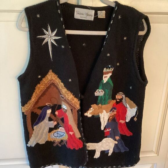 Sharon Young Sportswear Holiday Vest Sz M Mary Jesus Manger Scene Embroidered - Picture 1 of 8